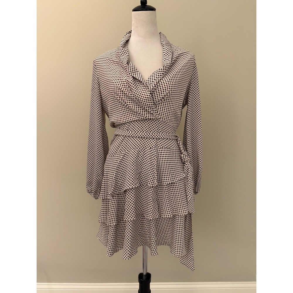 Express Polka Dot Wrap Mini Dress Brown‎ Cream Tiered Ruffle Long Sleeve XS